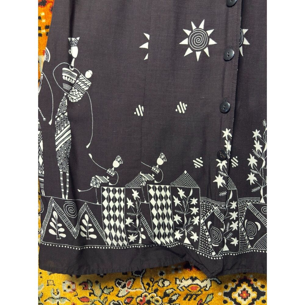 VTG Black White Folk Art Print Button Front Midi Dress w/Strappy Back sz 8 - Picture 5 of 10